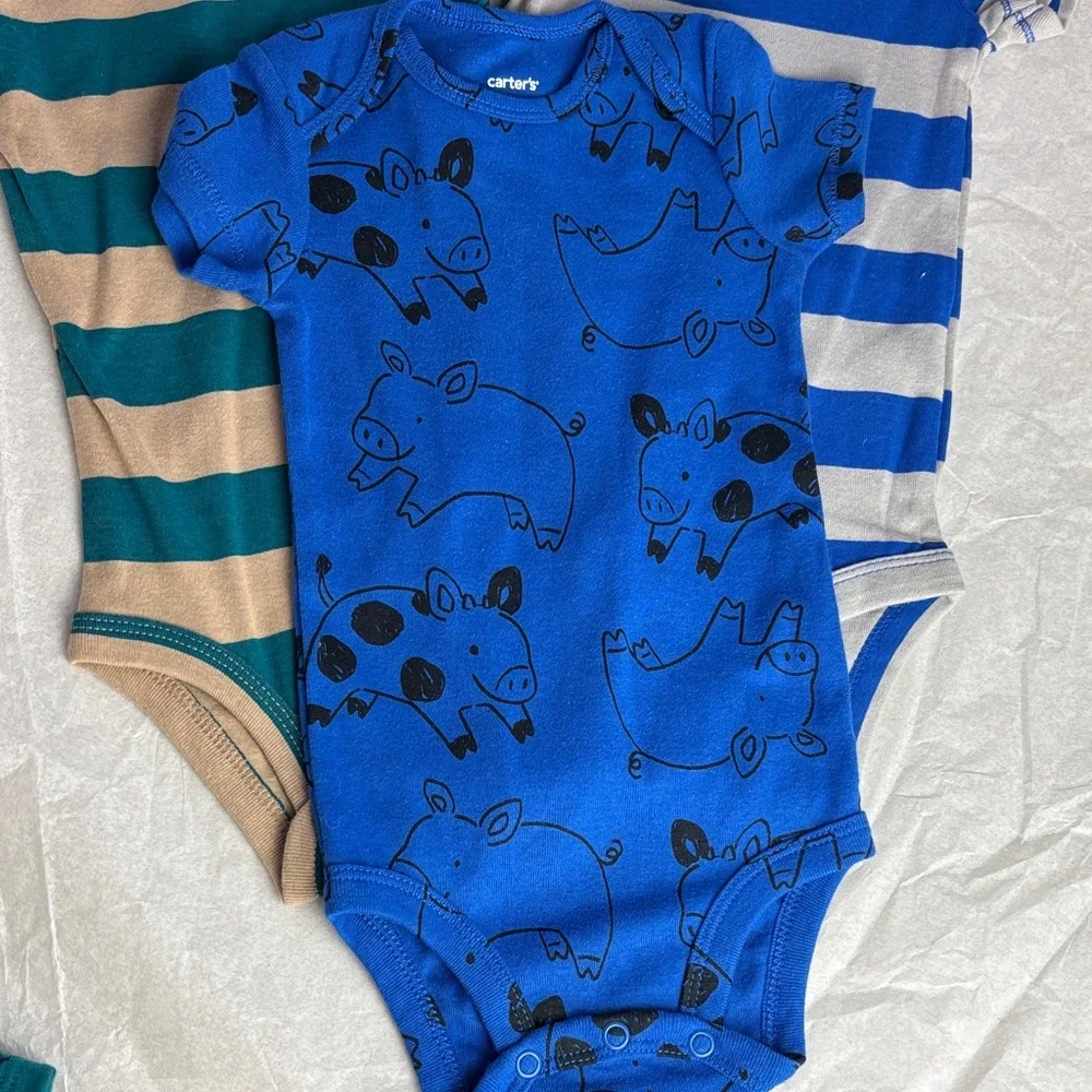 NWT 5 Piece Carter's Bodysuits Onesies Set - Teal, Blue, Mustard Koala Cow Pig